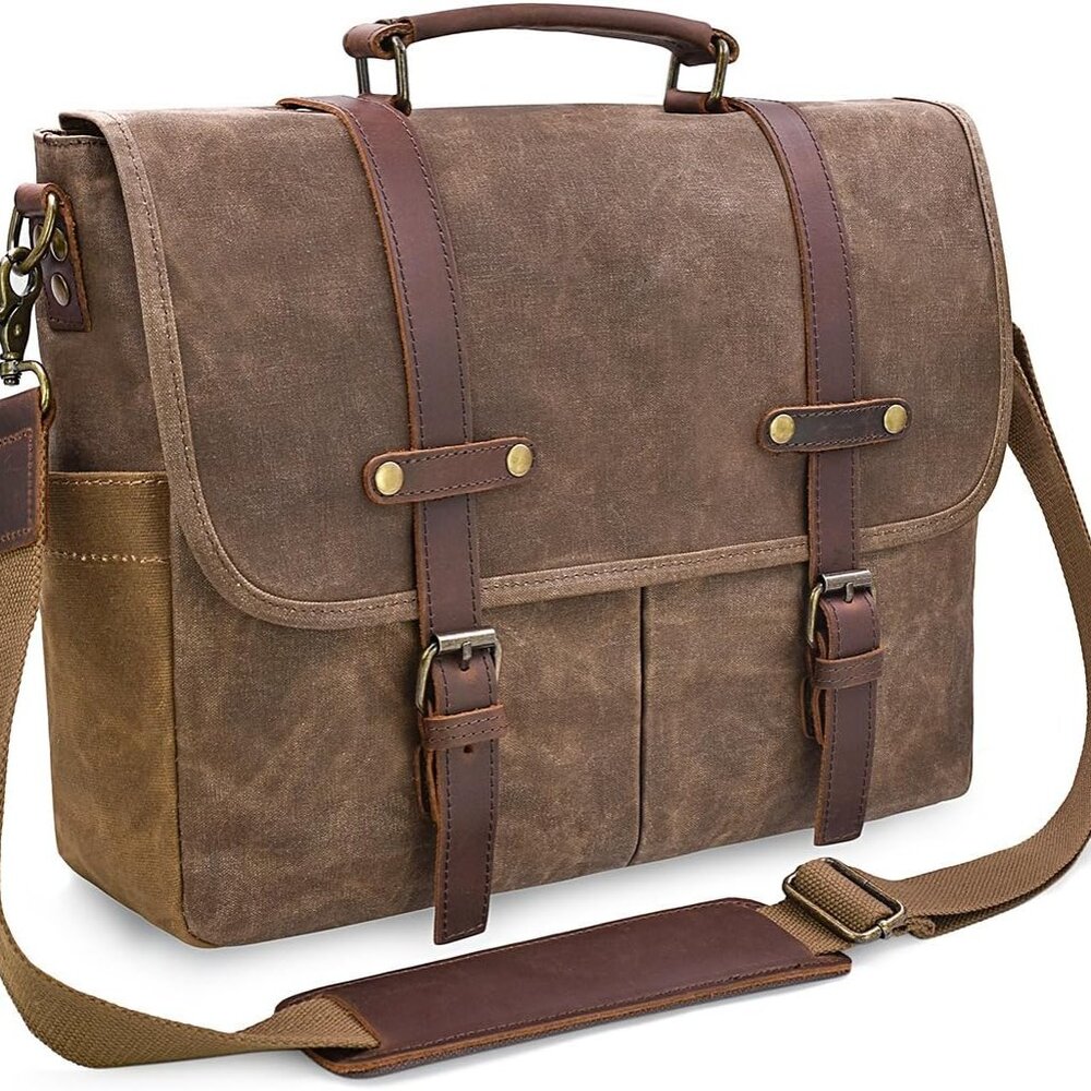 Messenger Bag 15.6Inch Waterproof Vintage Genuine Leather Waxed Canvas Briefcase